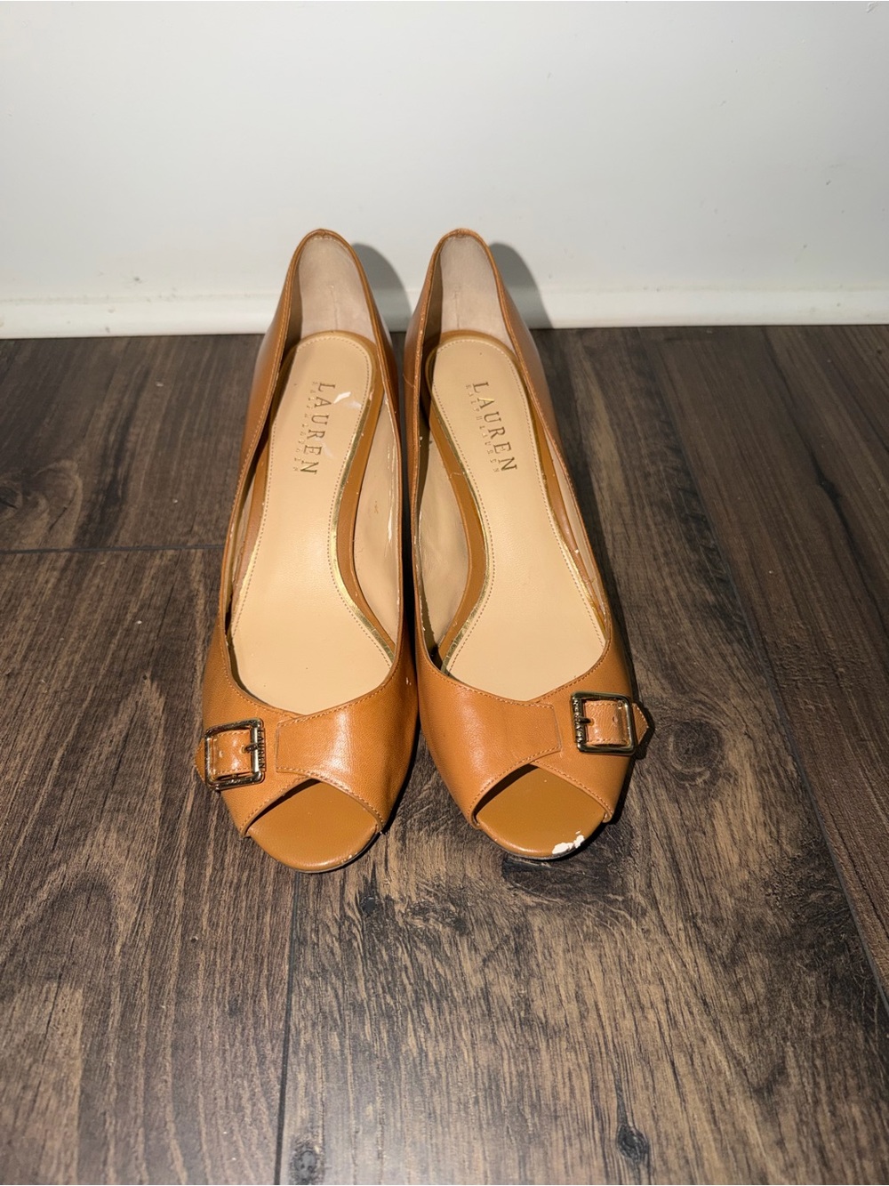 Lauren Ralph Lauren Cognac Leather Peep-Toe Pumps with Buckle